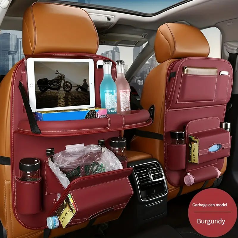 1pc Car Seat Back Faux Leather Luxury Storage Bag With Dining Tray Tissue Box Garbage Bag Hanging Bag Rear Seat Back Storage Bag - Image 5