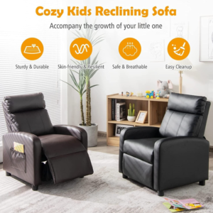 Costzon Kids Recliner, Adjustable PU Leather Lounge Chair w/Side Pockets, Footre