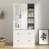 Hitow 2 Door Wardrobe Armoire, White Closet Storage Organizer with Two Drawers, Telescopic Clothing Rod and Shelves for Bedroom