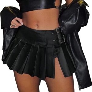 WDIRARA Women's Metallic Split Side Low Rise Drop Waist Pleated Short Skirt