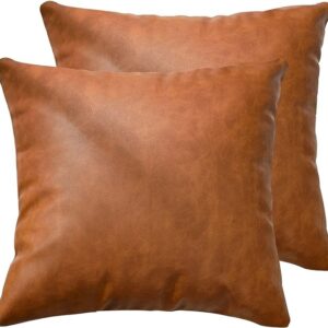 KKY Faux Leather Farmhouse Throw Pillow Cover 18x18 inch, Modern Country Style Decorative Throw Pillow Cover for Bedroom Living Room Sofa Brown Accent Pillows.(Full Leather 2PC, 18x18 inch)