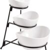 Partito Bella 3 Tier White Oval Bowl Set with Collapsible Thicker Metal Rack - Perfect Display for Chips, Dips, Candy, Fruit and More Collapsible Stand with Nesting Bowls for Easy Storage