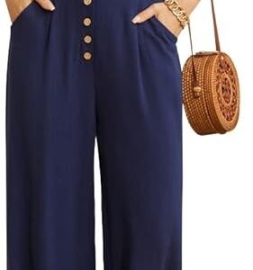 SVALIY Women Flowy Pants Cotton Linen Wide Leg Palazzo Pants Long Lounge Slacks High Waist Button Trousers Pocket