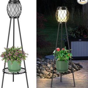 Solar Lights Outdoor Street Lights with Plant Stands 2 Pack, Solar Floor Lamp Metal Tripod Patio Lights for Garden Yard Pathway Driveway Front/Back Porch Decoration