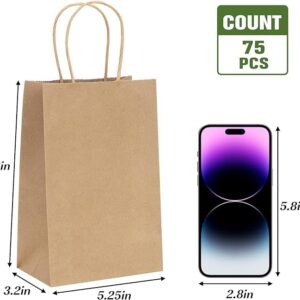 Moretoes 75pcs Small Gift Bags 5.25x3.75x8 Inches Brown Kraft Paper Bags with Handles Bulk, Retail Bags for Small Business, Shopping Bags, Birthday Wedding Party Favor Bags, Merchandise Bags