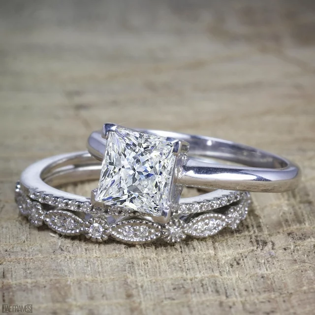2 Carat Princess Wedding Ring Set - Bridal Set - Wedding Trio Set - Engagement Ring - Art Deco Ring - Promise Ring - Sterling Silver - Image 2