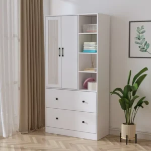 Hitow 2 Door Wardrobe Armoire, White Closet Storage Organizer with Two Drawers, Telescopic Clothing Rod and Shelves for Bedroom