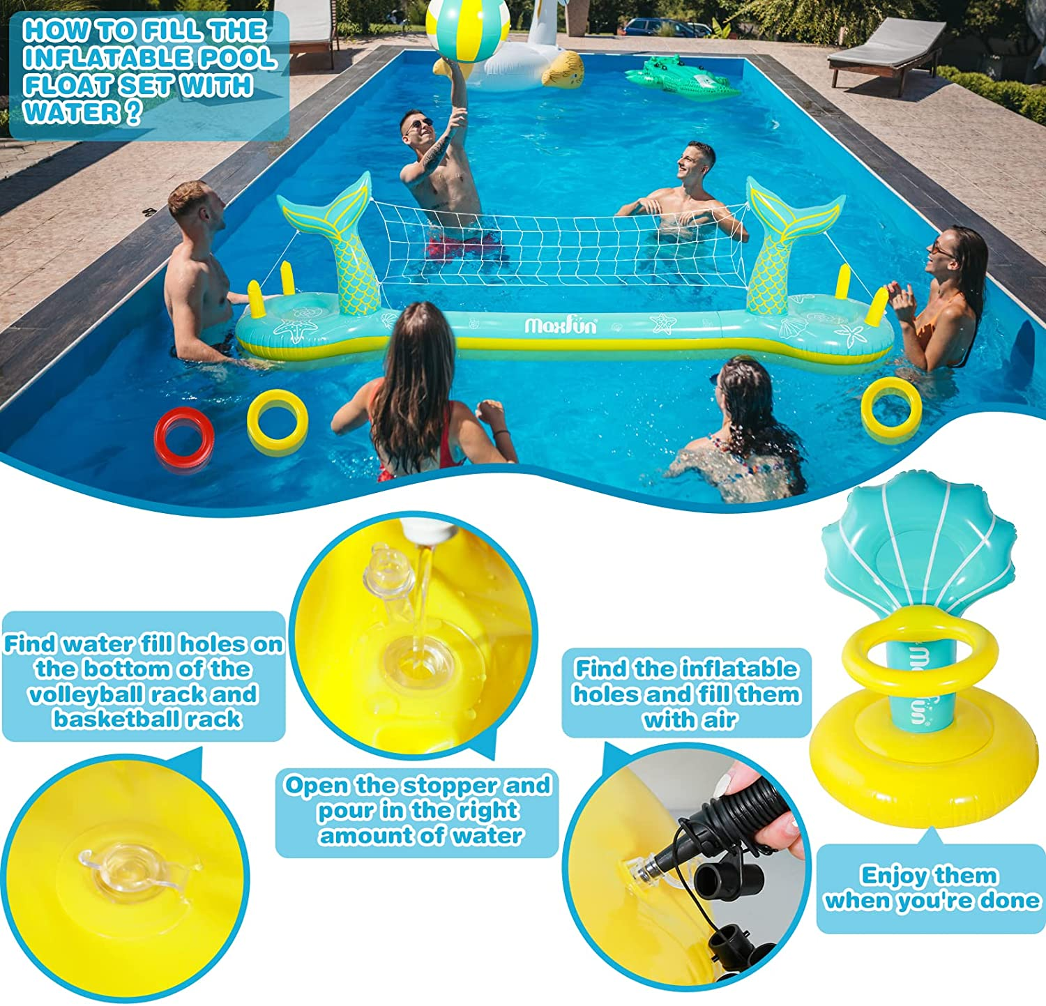 Max Fun Pool Floats Toys Game Set Floating Basketball Hoop Inflatable Ring Toss - Image 4