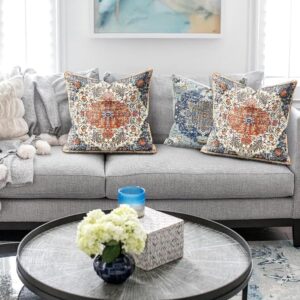 PENUFILO Boho Pillow Covers 18x18 Inch Set of 2 Blue Orange Throw Pillows Vintage Ethnic Bohemian Coral Floral Print Decorative Pillowcase Farmhouse Linen Cushion Cover for Home Sofa Bedroom Visit the PENUFILO Store