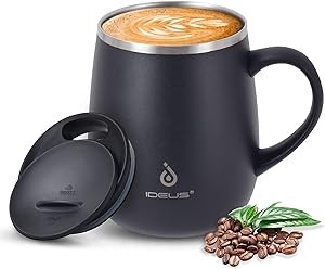 Ideus 16 oz Insulated Coffee Mug with Handle and Lid, Double Wall Stainless Steel Vacuum Insulated Tumbler Cup, Travel Coffee Cup Thermal Cup for Home and Office, Storm Black