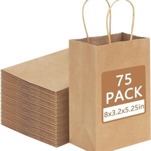 Moretoes 75pcs Small Gift Bags 5.25x3.75x8 Inches Brown Kraft Paper Bags with Handles Bulk, Retail Bags for Small Business, Shopping Bags, Birthday Wedding Party Favor Bags, Merchandise Bags